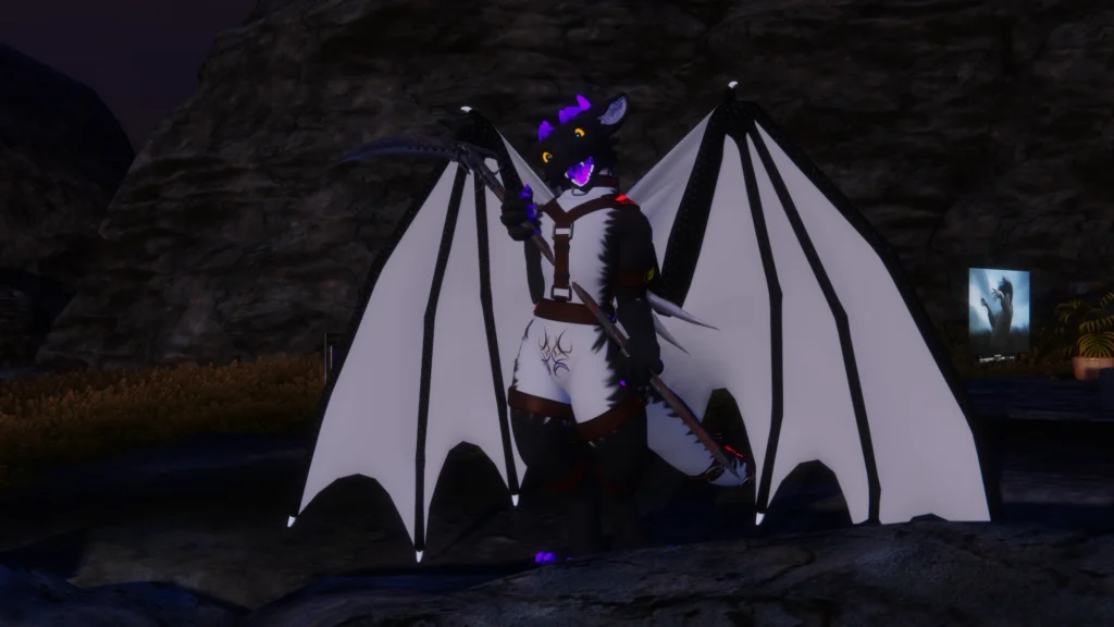 Bluzut's dragon with spread wings holding a scythe at night