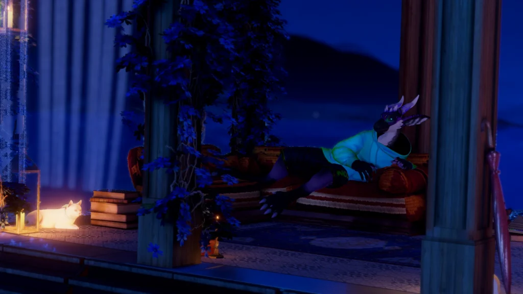 Bluzut's raptor lounging on a sofa on a moonlit terrace