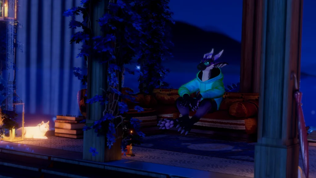 Bluzut's raptor sitting on a sofa at night