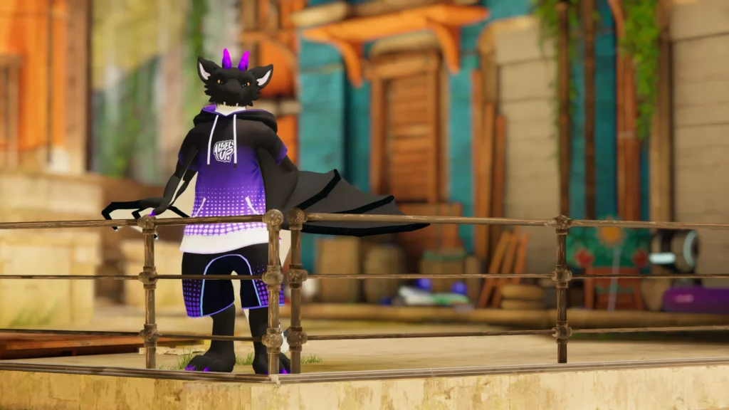 Bluzut's wyvern in a purple hoodie leaning on a railing